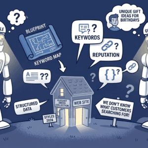 “Cartoon-style illustration of a small website with pages that have generic titles. Google robots look puzzled above it, while search bubbles show users typing specific queries like ‘Affordable evening dresses in Lagos.’ Icons for SEO elements like keywords, links, and structured data float around. Primary colors: navy blue and white. Fun, educational style.”